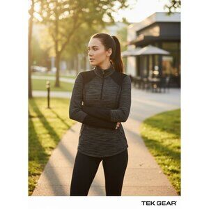 Tek Gear Womens Black & Gray Striped 1/4 Zip Pullover Activewear Top Long Sleeve
